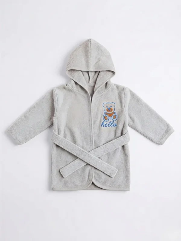 Soft Plush Hooded Baby Bathrobe with Waist Tie – Embroidered Bear Bath Robe (Size 6 Months)