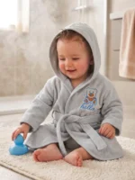 Soft Plush Hooded Baby Bathrobe with Waist Tie – Embroidered Bear Bath Robe (Size 6 Months)