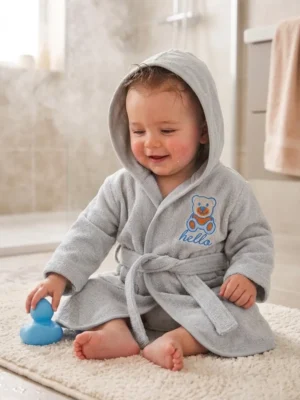 Soft Plush Hooded Baby Bathrobe with Waist Tie – Embroidered Bear Bath Robe (Size 6 Months)