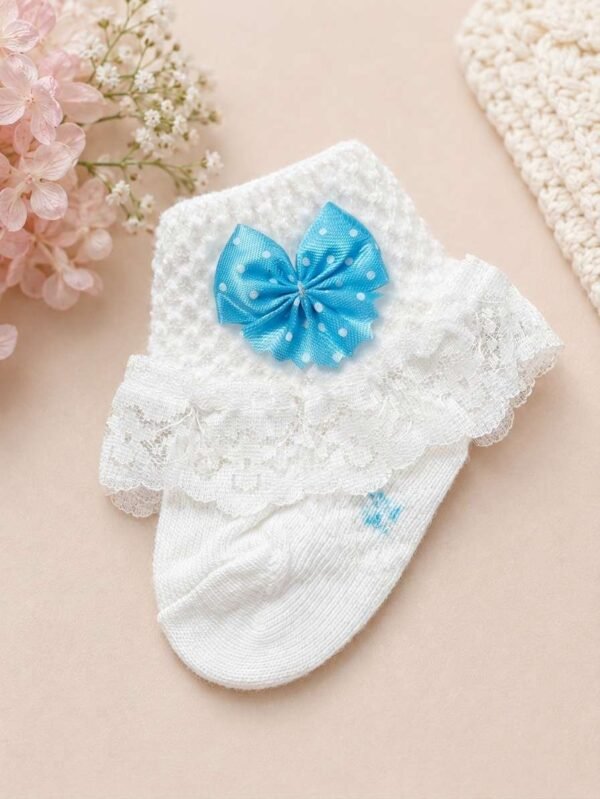 Baby Girls Lace Frill Ankle Socks with Satin Bow Accent (Infant / Toddler)