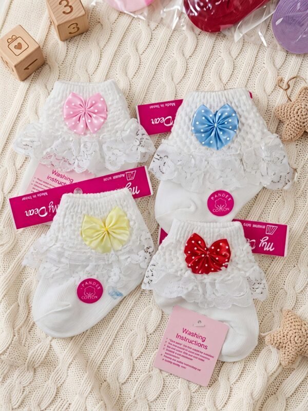 Baby Girls Lace Frill Ankle Socks with Satin Bow Accent (Infant / Toddler)