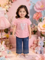 Girls 2-Piece Rhinestone T-Shirt & Embellished Jeans Set (Sizes S–L)