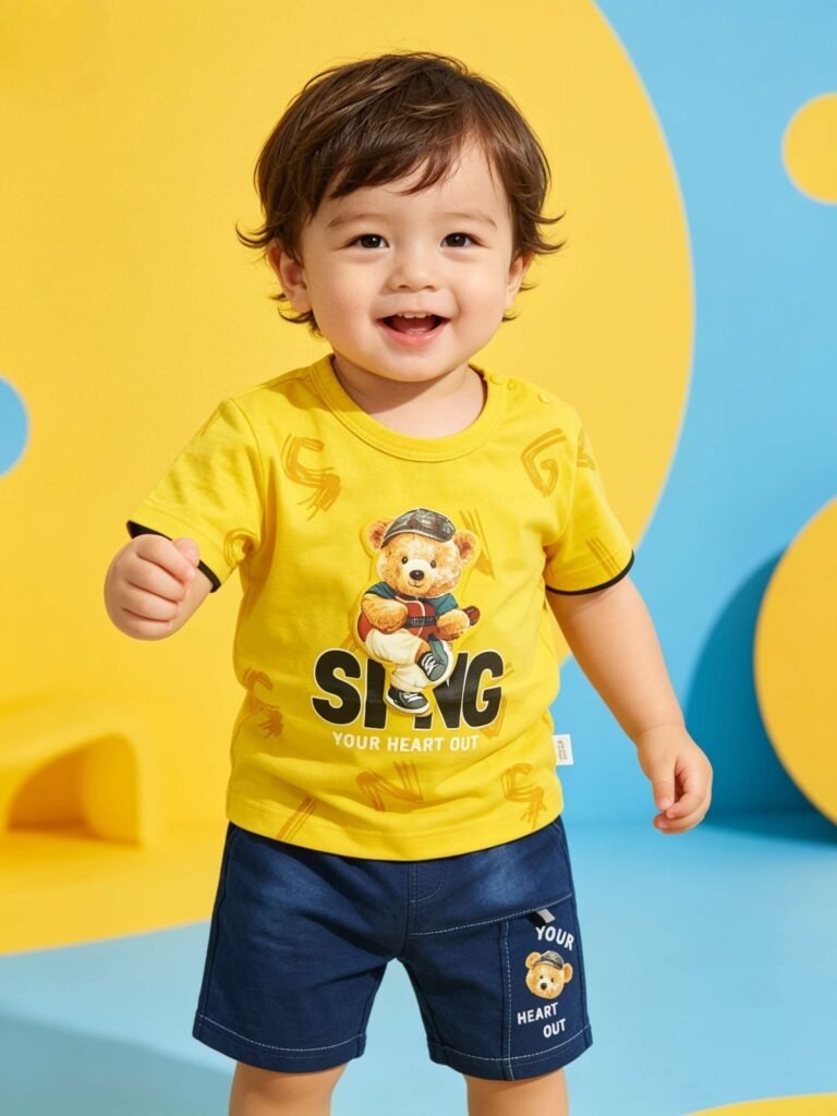 Toddler Boy "Sing Your Heart Out" Teddy Bear T-Shirt & Denim Shorts Set | 2-Piece Summer Nicker Suit