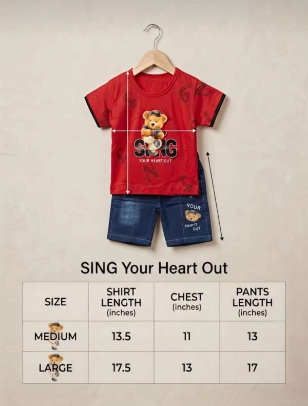 Toddler Boy "Sing Your Heart Out" Teddy Bear T-Shirt & Denim Shorts Set | 2-Piece Summer Nicker Suit