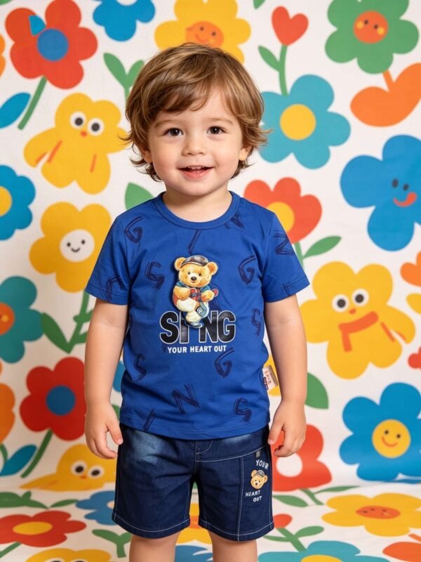 Toddler Boy "Sing Your Heart Out" Teddy Bear T-Shirt & Denim Shorts Set | 2-Piece Summer Nicker Suit