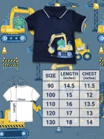 Boys Cute Dino Excavator Cotton Polo T-Shirt – Navy Blue Short-Sleeve Collared Shirt