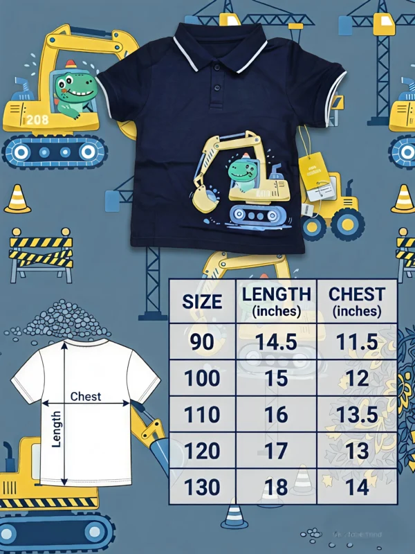 Boys Cute Dino Excavator Cotton Polo T-Shirt – Navy Blue Short-Sleeve Collared Shirt