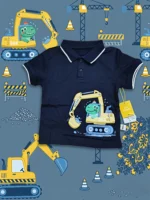 Boys Cute Dino Excavator Cotton Polo T-Shirt – Navy Blue Short-Sleeve Collared Shirt