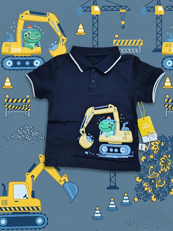 Boys Cute Dino Excavator Cotton Polo T-Shirt – Navy Blue Short-Sleeve Collared Shirt