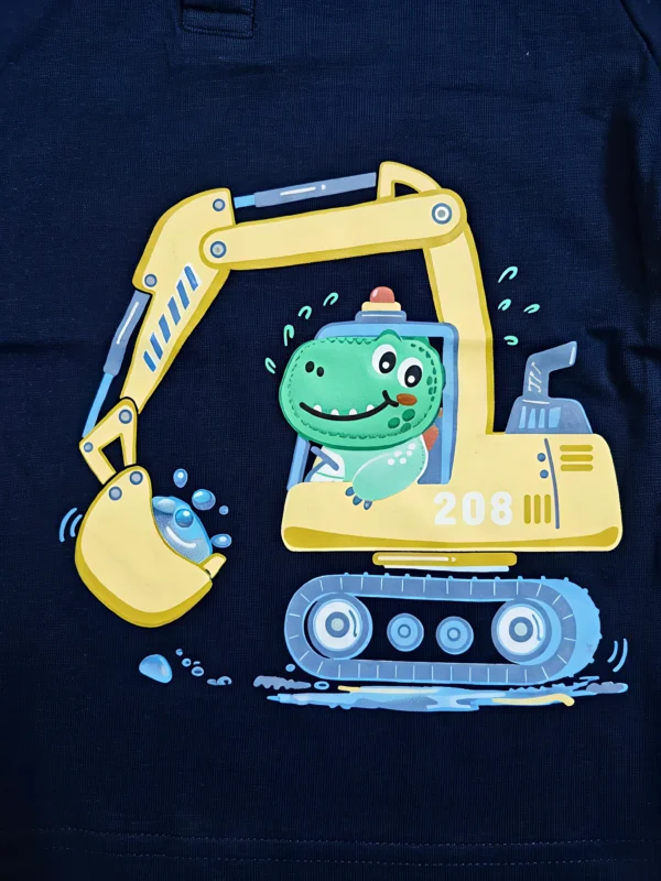 Boys Cute Dino Excavator Cotton Polo T-Shirt – Navy Blue Short-Sleeve Collared Shirt