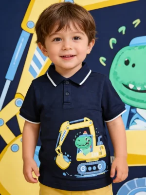 Boys Cute Dino Excavator Cotton Polo T-Shirt – Navy Blue Short-Sleeve Collared Shirt