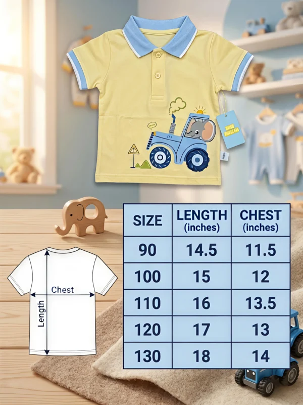 Boys Cute Elephant Tractor Cotton Polo Shirt – Soft Yellow Short-Sleeve Collared T-Shirt
