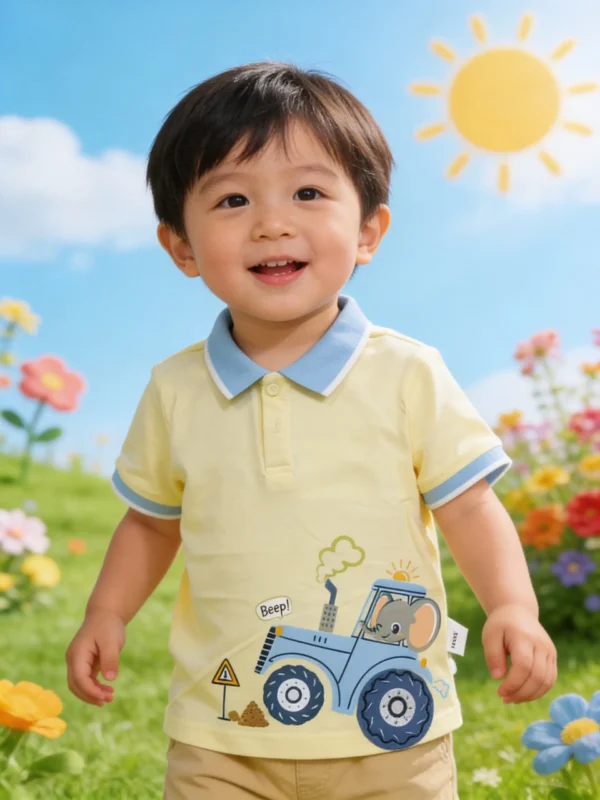 Boys Cute Elephant Tractor Cotton Polo Shirt – Soft Yellow Short-Sleeve Collared T-Shirt
