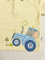 Boys Cute Elephant Tractor Cotton Polo Shirt – Soft Yellow Short-Sleeve Collared T-Shirt