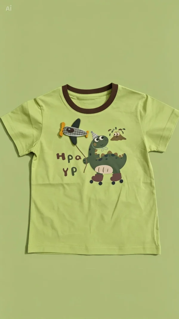 Boys Whimsical Dino & Airplane Cotton T-Shirt – Lime Green Short-Sleeve Graphic Tee