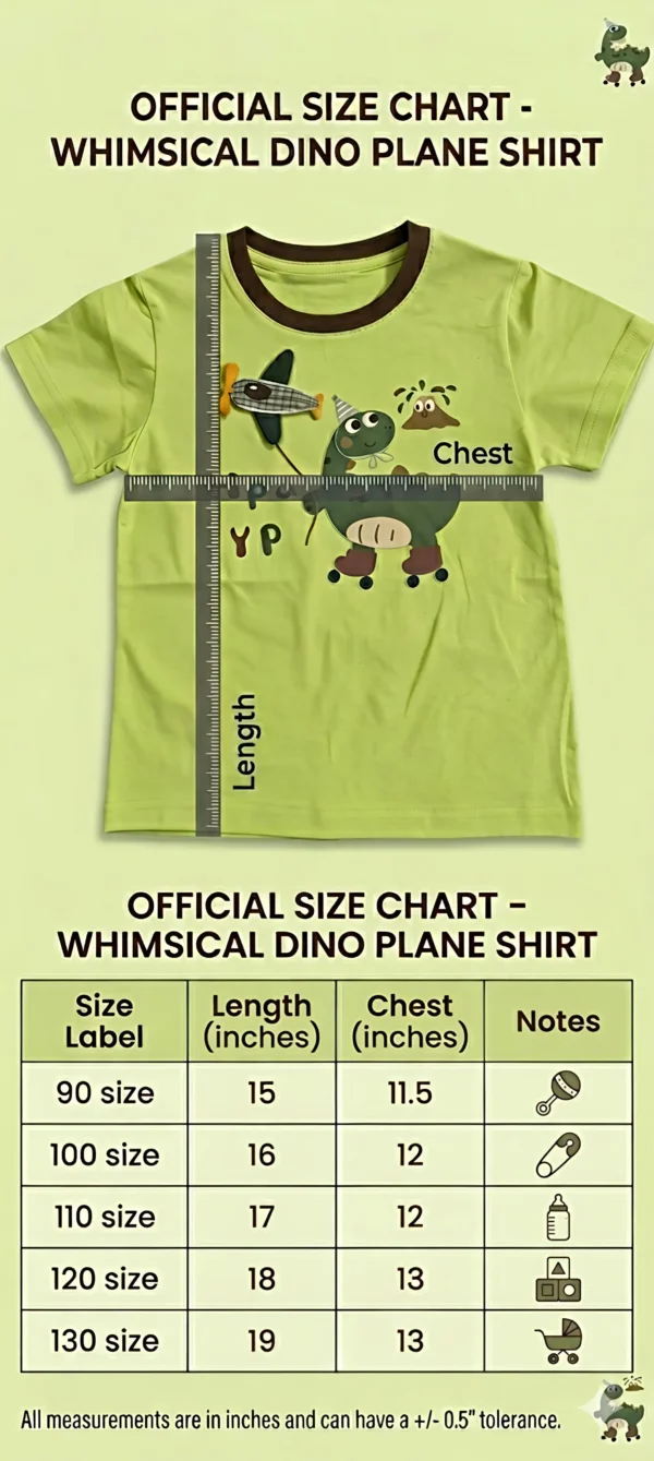 Boys Whimsical Dino & Airplane Cotton T-Shirt – Lime Green Short-Sleeve Graphic Tee