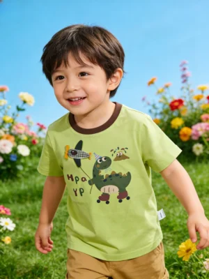 Boys Whimsical Dino & Airplane Cotton T-Shirt – Lime Green Short-Sleeve Graphic Tee