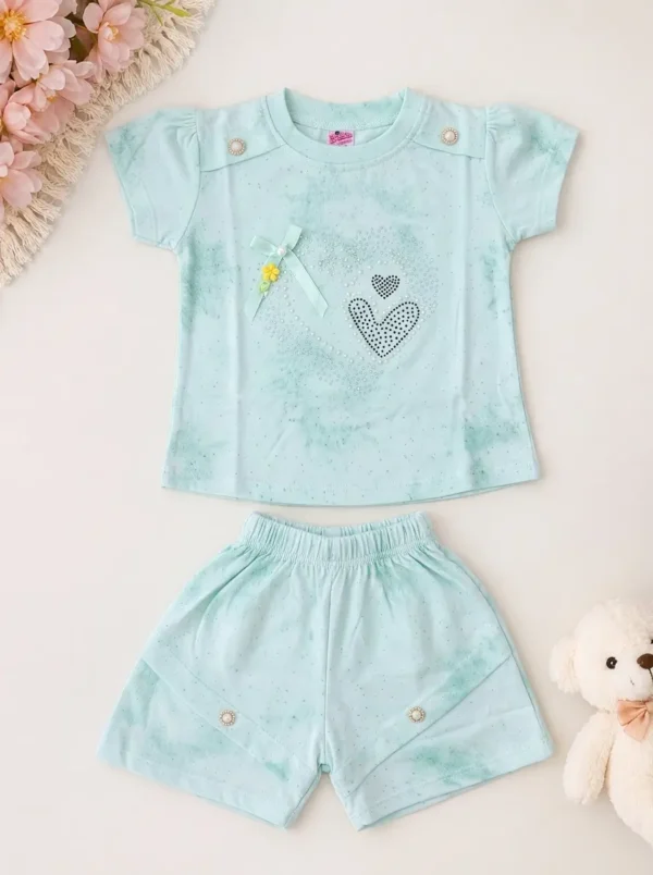 Soft Cotton Baby Shorts & Top Set – Heart Rhinestone Detail (3–6M & 6–9M)