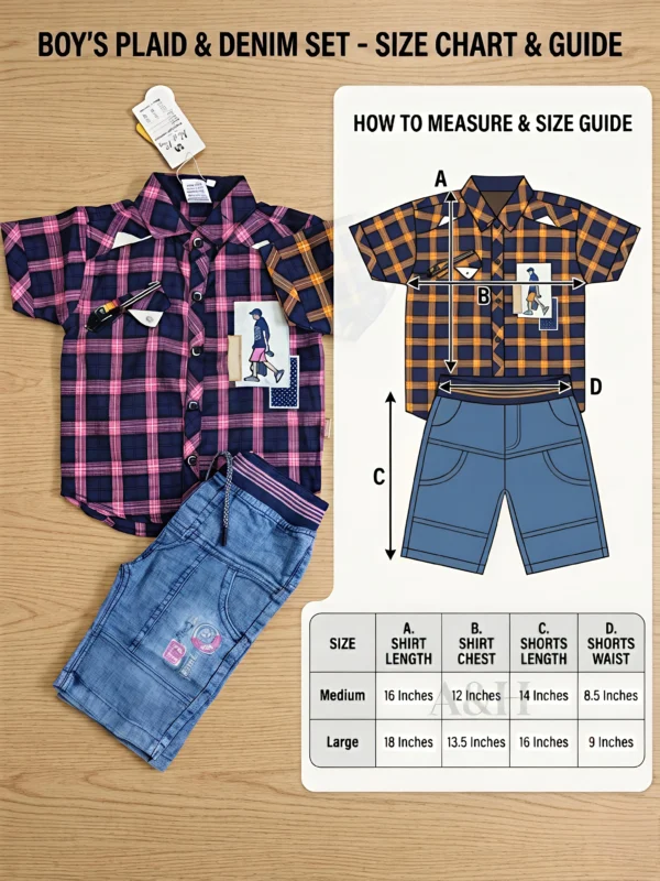 Kids Summer Plaid Checkered Shirt & Jeans Shorts Twin Set
