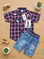 Kids Summer Plaid Checkered Shirt & Jeans Shorts Twin Set