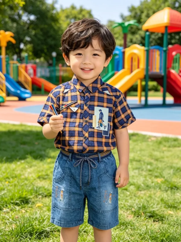 Kids Summer Plaid Checkered Shirt & Jeans Shorts Twin Set