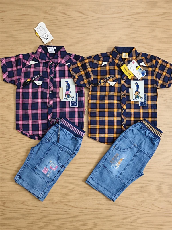 Kids Summer Plaid Checkered Shirt & Jeans Shorts Twin Set