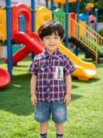 Kids Summer Plaid Checkered Shirt & Jeans Shorts Twin Set