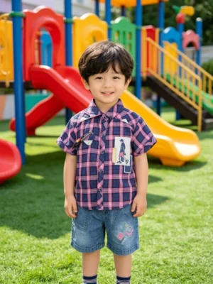 Kids Summer Plaid Checkered Shirt & Jeans Shorts Twin Set