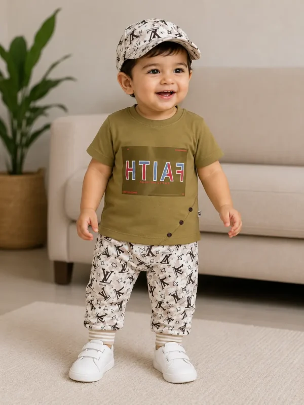 Kids Premium 3-Piece Summer Nicker Suit with Matching Cap | Boys Stylish T-Shirt & Shorts Set