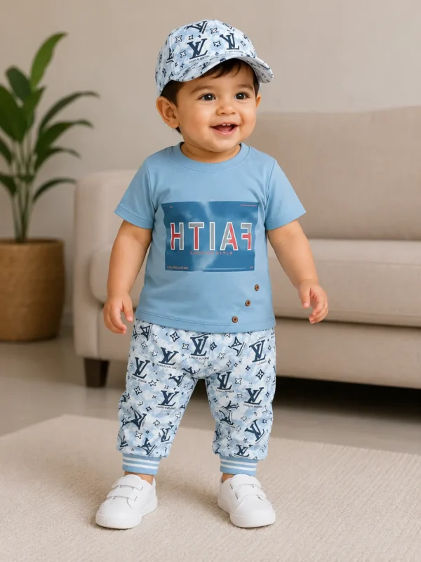 Kids Premium 3-Piece Summer Nicker Suit with Matching Cap | Boys Stylish T-Shirt & Shorts Set