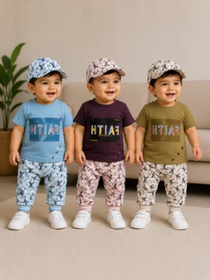 Kids Premium 3-Piece Summer Nicker Suit with Matching Cap | Boys Stylish T-Shirt & Shorts Set