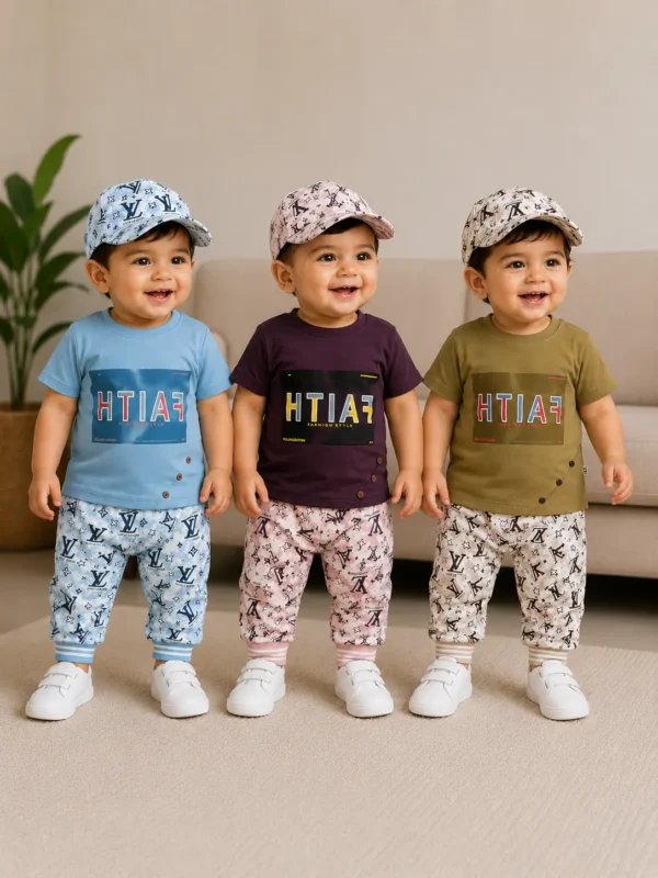 Kids Premium 3-Piece Summer Nicker Suit with Matching Cap | Boys Stylish T-Shirt & Shorts Set