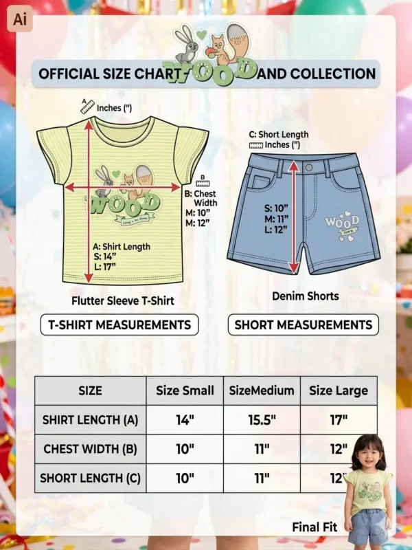 Girls 2-Piece Flutter Sleeve T-Shirt & Denim Shorts Set (Sizes S–L)