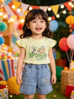 Girls 2-Piece Flutter Sleeve T-Shirt & Denim Shorts Set (Sizes S–L)