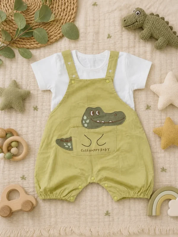 Baby 2-Piece Crocodile Dungaree Set – Olive Green Romper & White T-Shirt