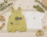 Baby 2-Piece Crocodile Dungaree Set – Olive Green Romper & White T-Shirt