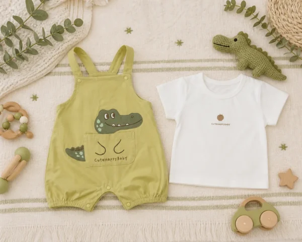 Baby 2-Piece Crocodile Dungaree Set – Olive Green Romper & White T-Shirt