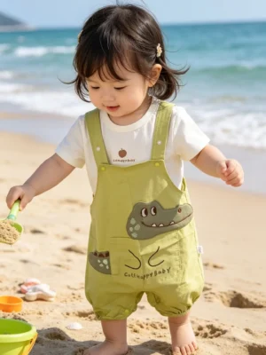 Baby 2-Piece Crocodile Dungaree Set – Olive Green Romper & White T-Shirt