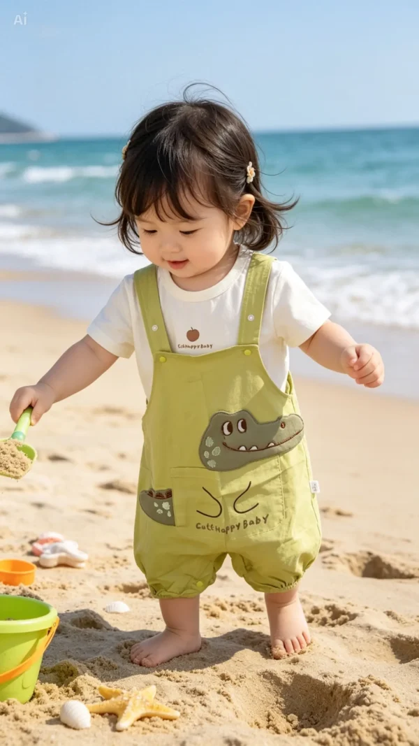 Baby 2-Piece Crocodile Dungaree Set – Olive Green Romper & White T-Shirt