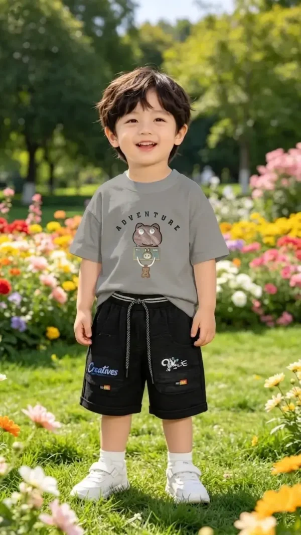 Boys 2-Pcs Cotton Adventure Suit - Bear Print Half Sleeves Casual Summer Outfit