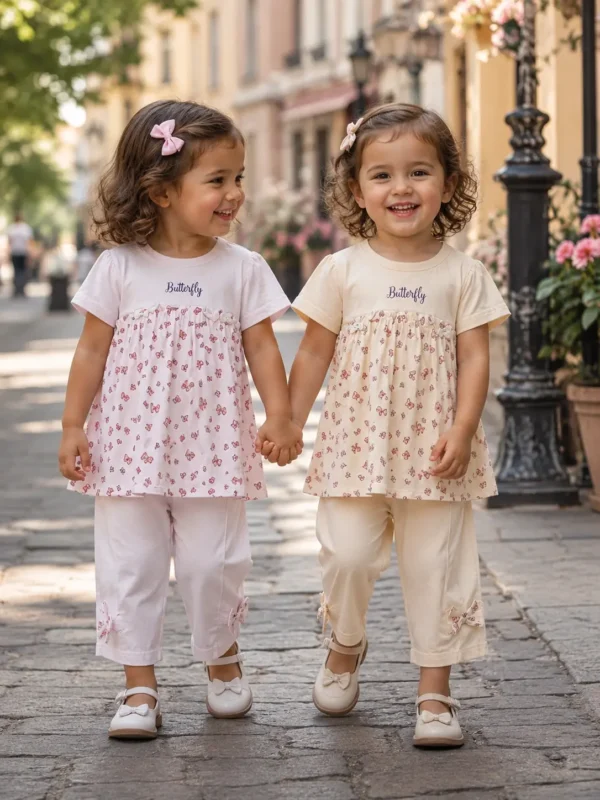 Girls Sweet Butterfly 2-Piece Outfit Set – Top & Knicker Shorts (Small & Large)