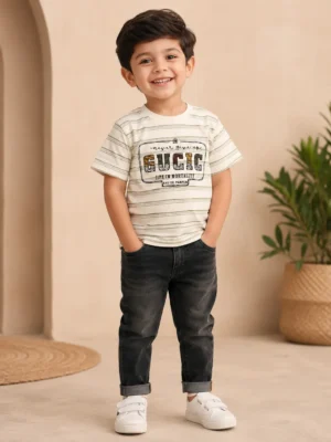 Boys 100% Cotton Striped Graphic Crewneck T-Shirt (Sizes 20–24)