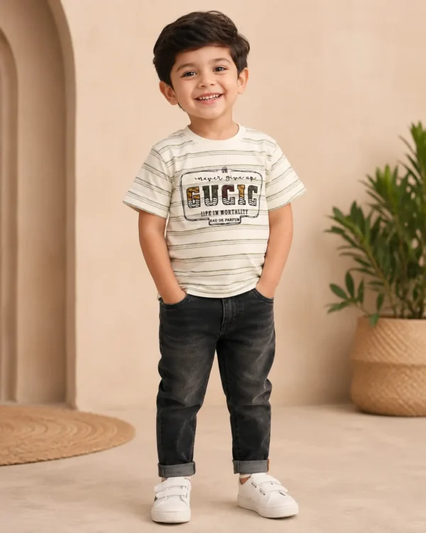 Boys 100% Cotton Striped Graphic Crewneck T-Shirt (Sizes 20–24)