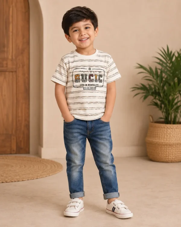 Boys 100% Cotton Striped Graphic Crewneck T-Shirt (Sizes 20–24)