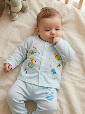 Baby Boys Cute Dino 2-Piece Cotton Pajama Set – Front-Button Long-Sleeve Shirt & Trousers