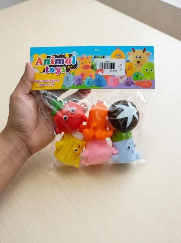 Cute Cartoon Fruit & Animal Squeaky Baby Toys (Set of 6) – Soft Bath & Sensory Training Squeaker Toys for Infants