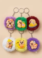 Cute Capybara Fluffy Fur Ball Keychain – Plush Diaper Bag & Stroller Charm Accessory