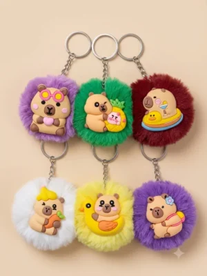 Cute Capybara Fluffy Fur Ball Keychain – Plush Diaper Bag & Stroller Charm Accessory