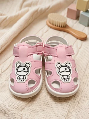 Cute Pink Bear Baby Girl Soft-Sole Sandals – Breathable First-Walker Shoes