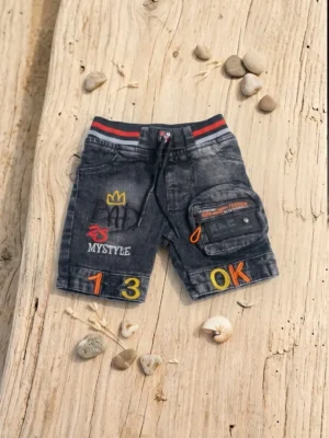 Kids Dark Wash Denim Cargo Shorts with Embroidered Patches (S–XL)
